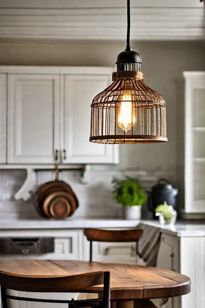 A homey DIY pendant light hanging over a kitchen island constructed from