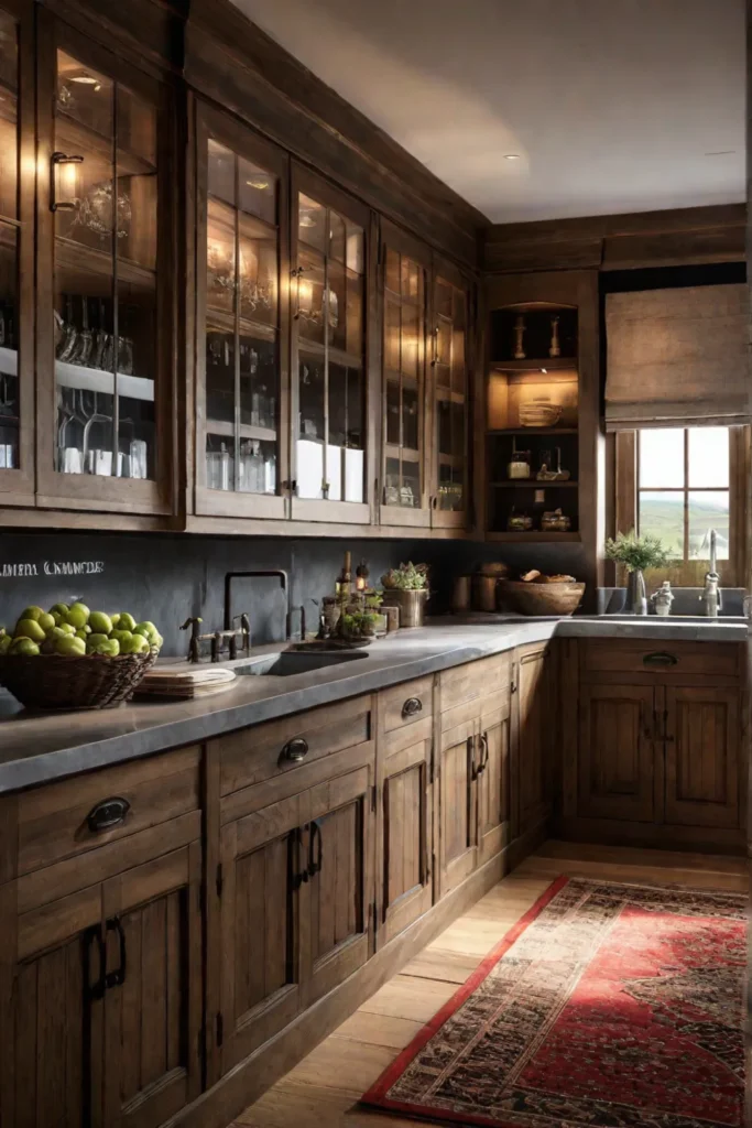 A kitchen featuring glassfront cabinets blending traditional and modern design elements