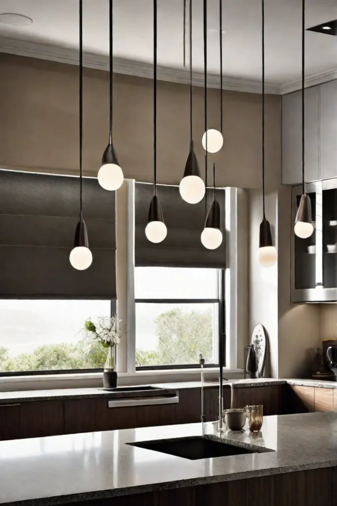 A kitchen illuminated by a series of sculptural lights casting dramatic shadows