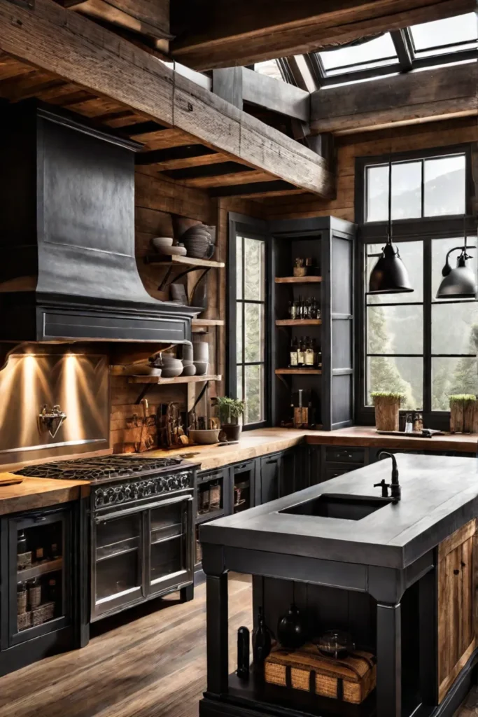 A kitchen with a combination of wood metal and other materials used