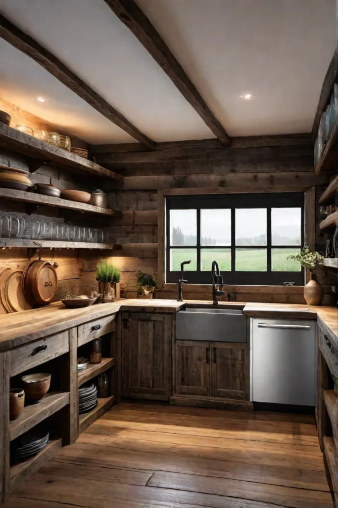 A kitchen with barnwood cabinets and open shelving showcasing a balance of