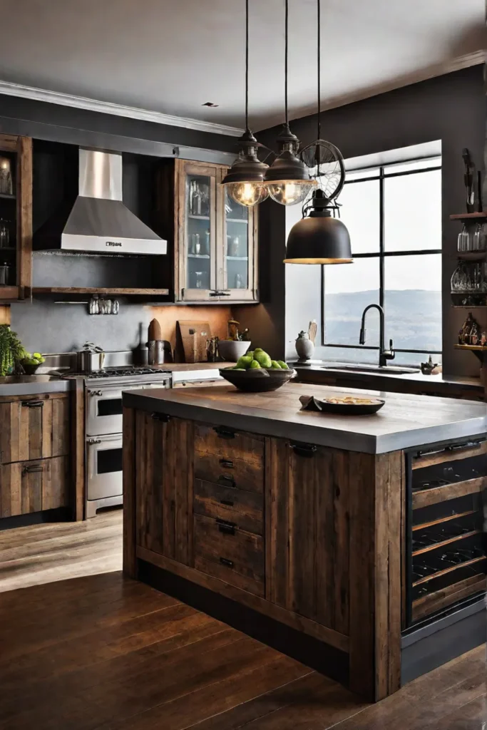 A kitchen with wooden cabinets and metal accents blending rustic and industrial