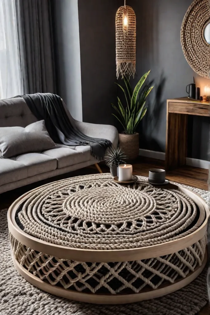 A living room featuring a DIY decor project like a handmade macrame
