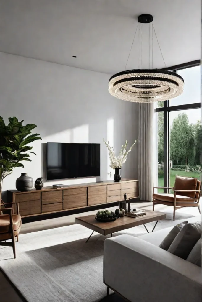 A living room featuring a visually striking light fixture a curated gallery