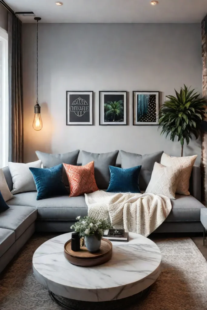 A living room featuring an assortment of decorative throw pillows and soft