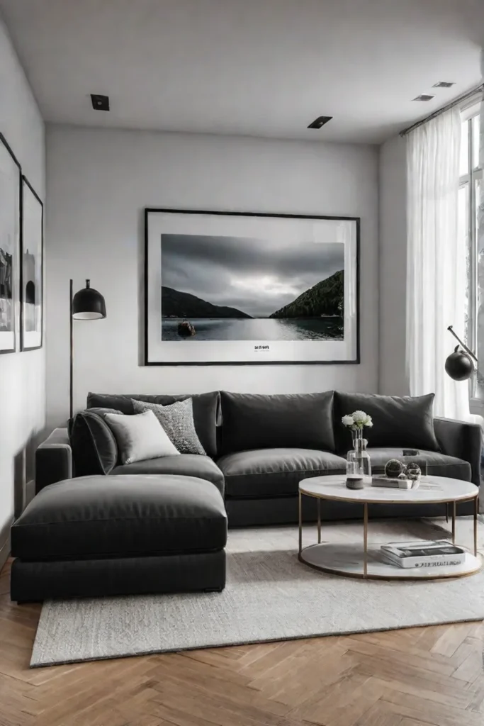A living room gallery wall that embraces a minimalist aesthetic with a