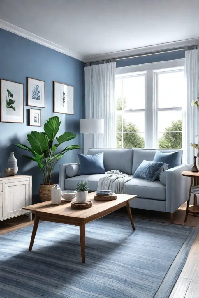 A living room in soft blues and whites featuring a wicker armchair