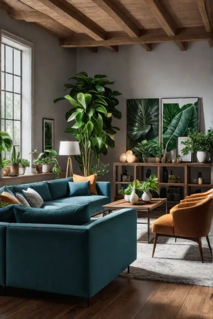 A living room that features a verdant display of houseplants a visually
