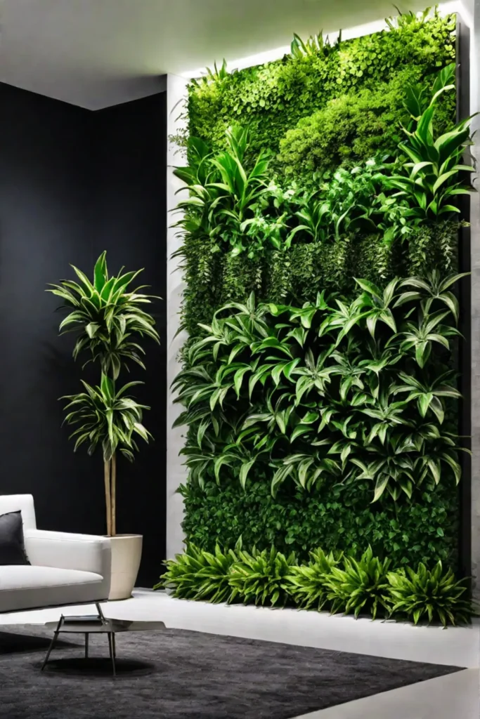 A living room wall covered in a variety of thriving plants creating