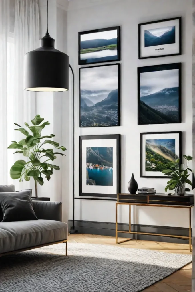 A living room wall decorated with an assortment of framed artwork photographs
