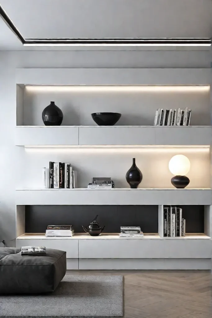 A living room wall featuring floating shelves with various decorative objects creating