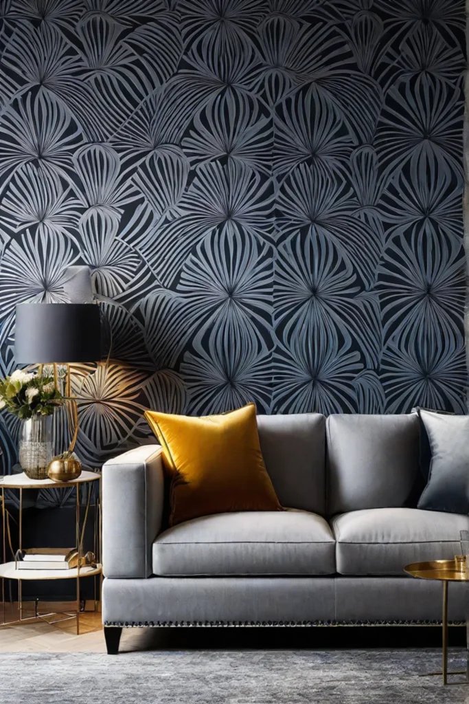 A living room with a bold patterned wallpaper accent wall contrasting with