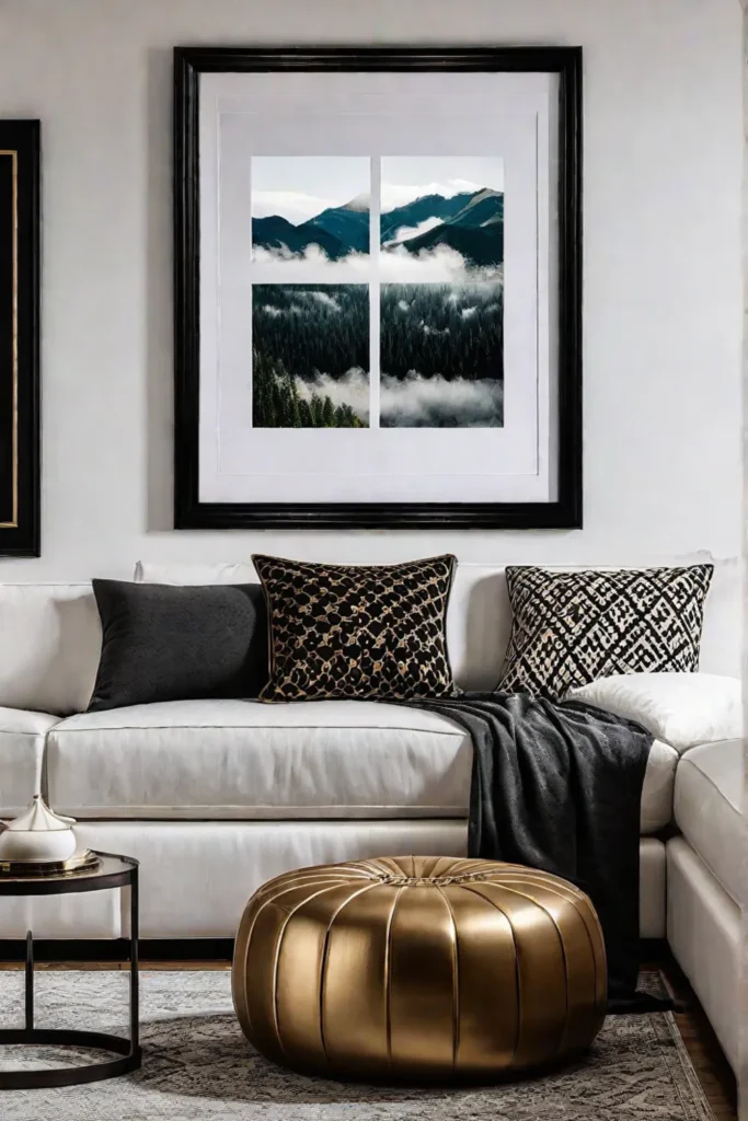 A living room with a gallery wall featuring an assortment of framed