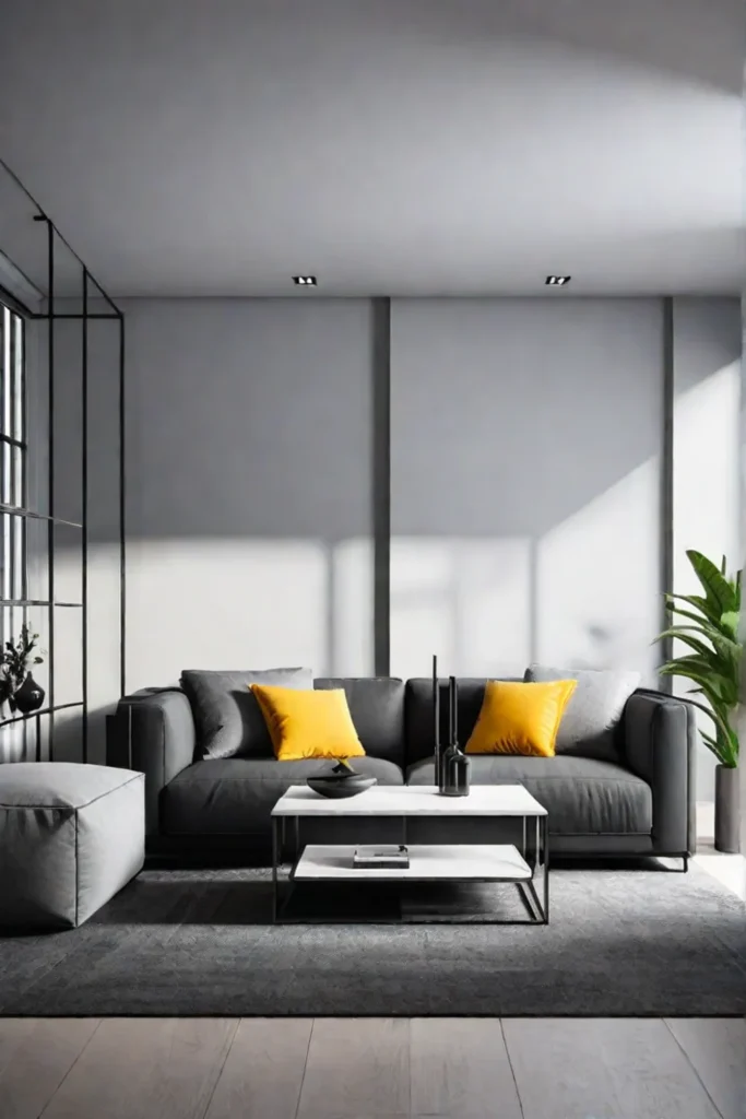 A living room with a minimalist grayscale color scheme featuring a gray