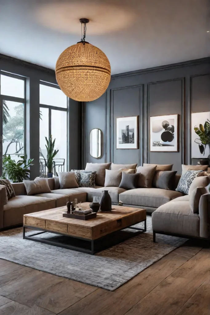 A living room with a neutral color palette including a leather sofa
