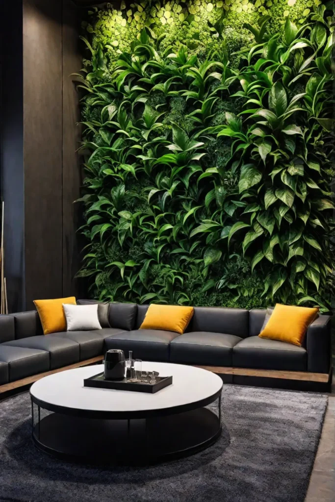 A living room with a stunning plant wall filled with various greenery