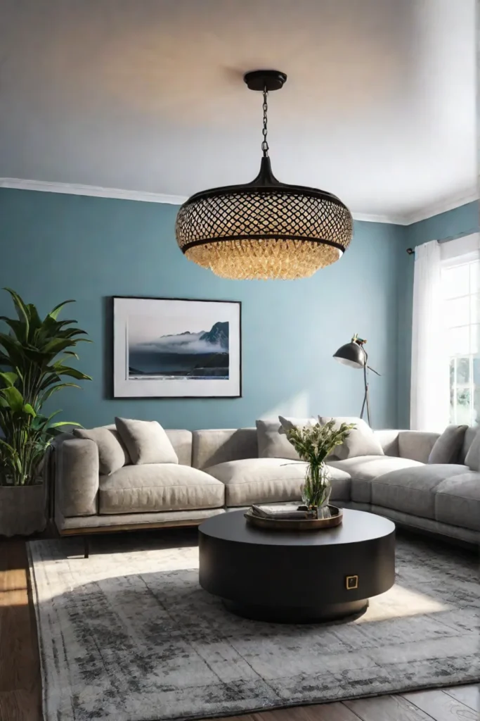 A living room with a visually striking light fixture a bold accent