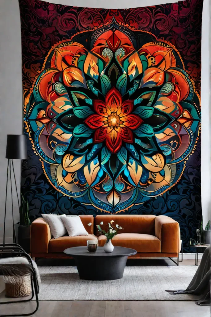 A living room with a wall adorned with a vibrant patterned tapestry