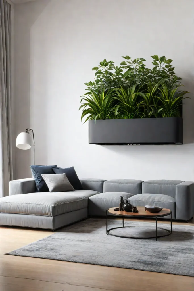 A living room with a wallmounted planter box filled with lush thriving