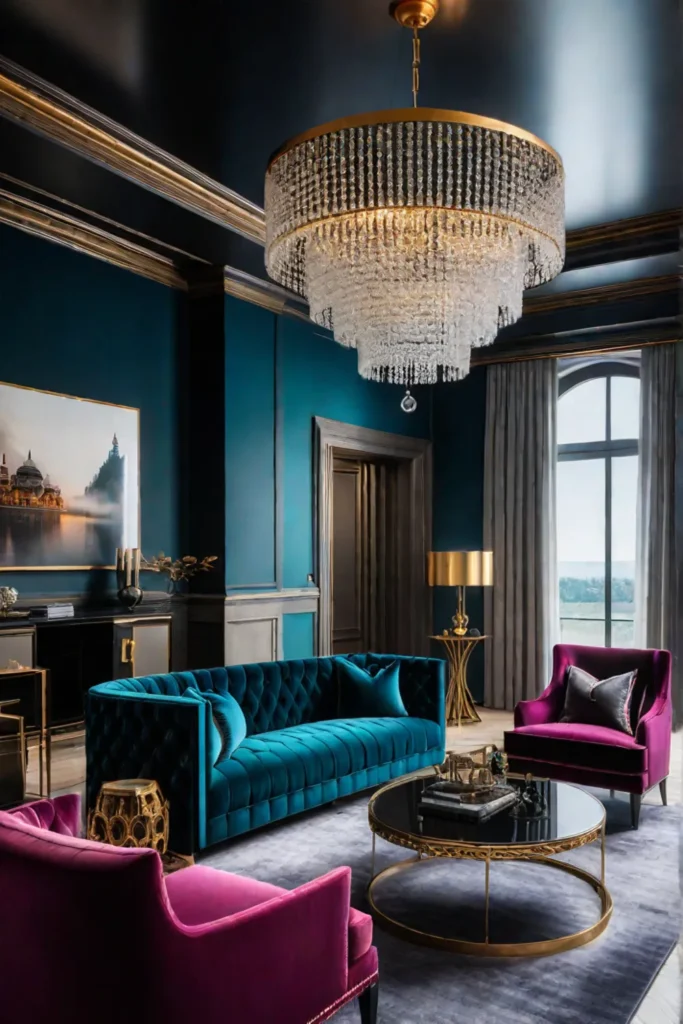 A living room with deep jeweltoned colors including a plush velvet sofa