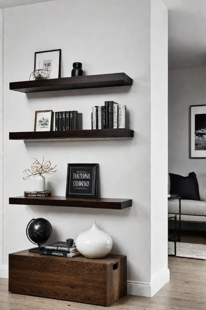 A living room with floating shelves along the wall showcasing a variety