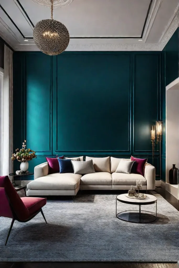 A living room with one wall painted in a deep saturated color