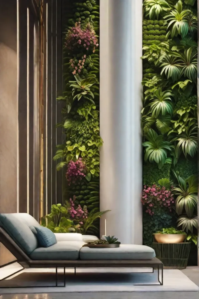 A lush green wall teeming with vibrant flowering plants arranged vertically showcasing_resized