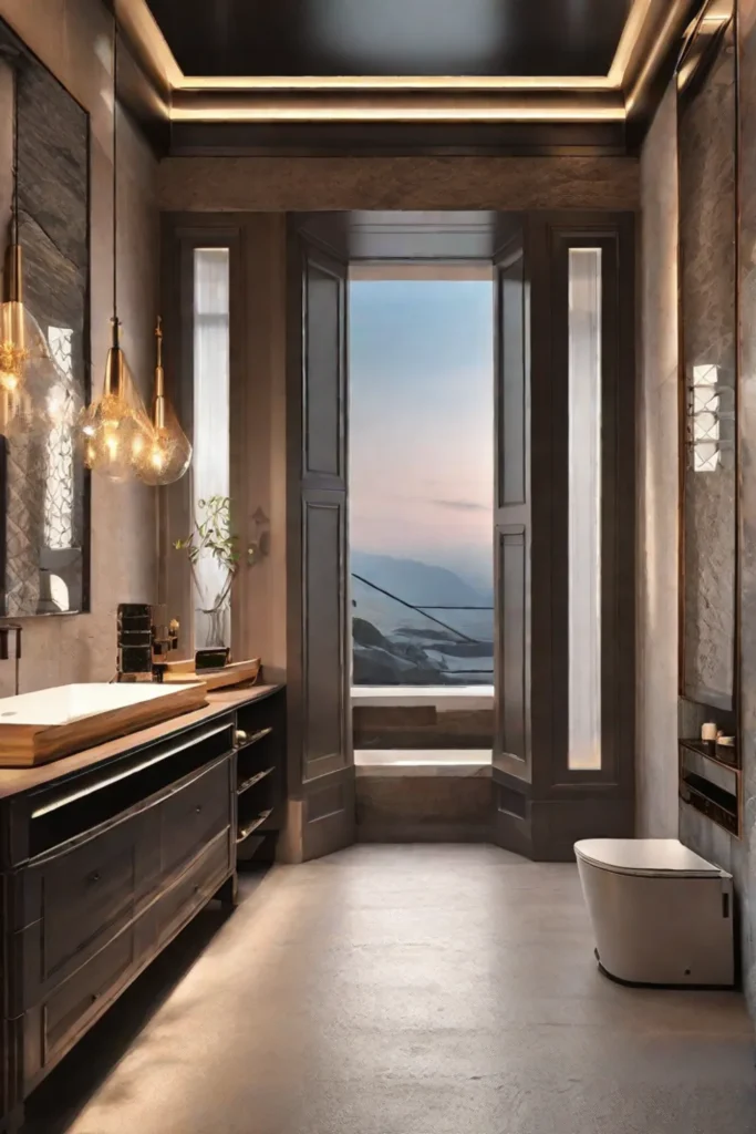 A luxurious bathroom accentuated by softly lit wall sconces on either side