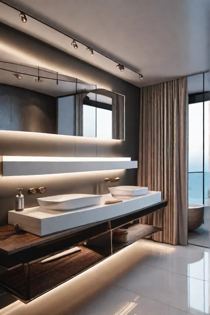 A luxurious bathroom featuring a large glossy ceramic basin and reflective metallic