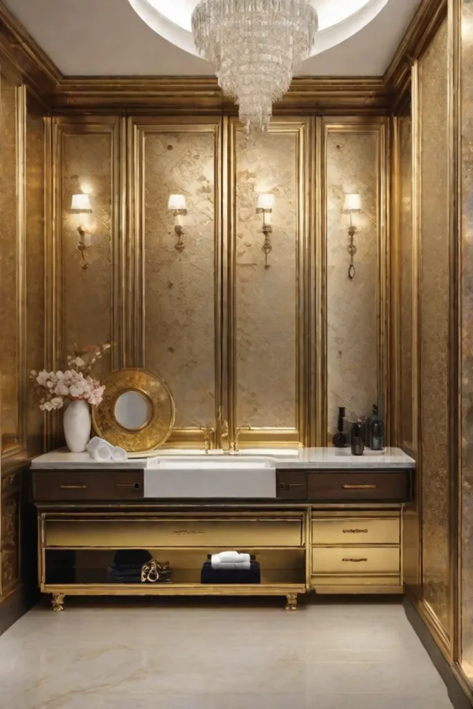 A luxurious bathroom wall covered in metallic gold leaf wallpaper with ambient