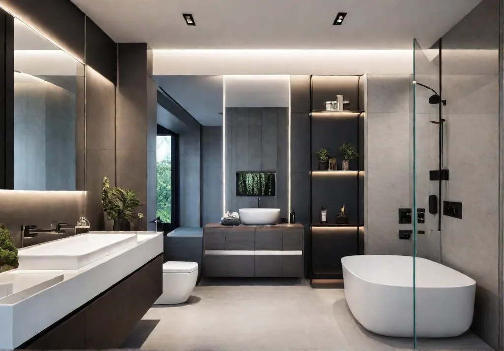 A minimalist bathroom with clean lines sleek fixtures and a serene atmospherefeat