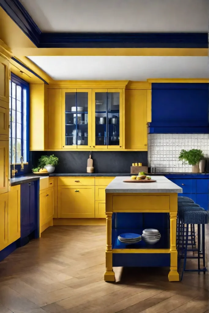 A minimalist kitchen featuring bright yellow cabinets and a royal blue island