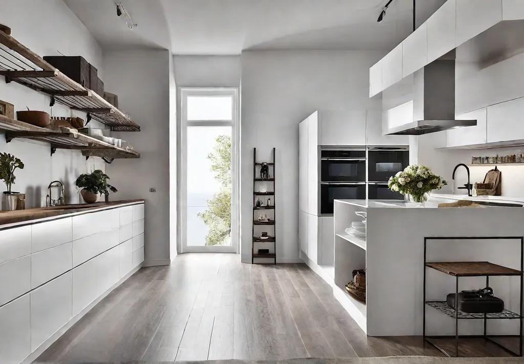 A minimalist kitchen with clean white walls and various shelves hooks andfeat