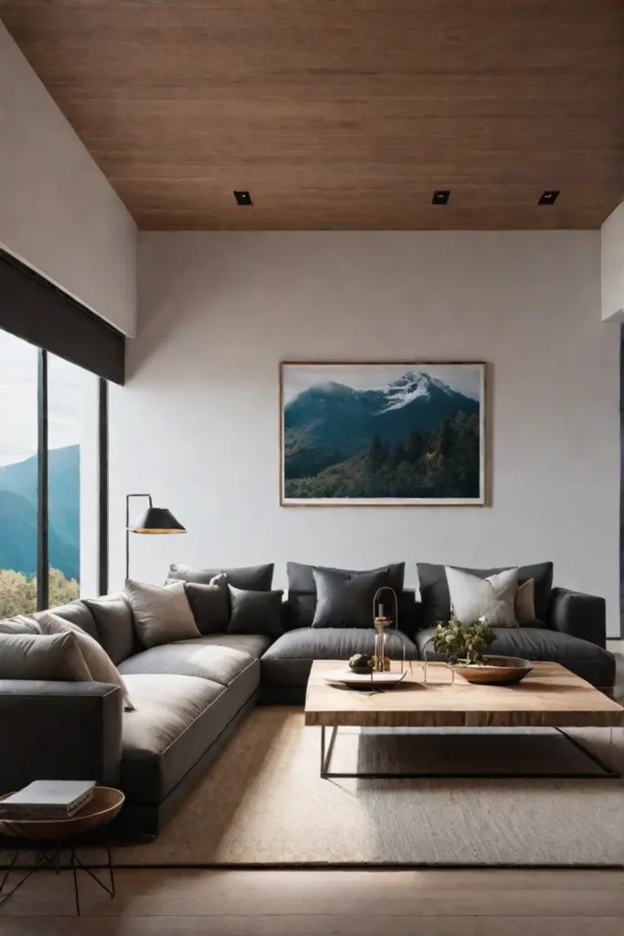 A minimalist living room with clean lines natural wood accents and a