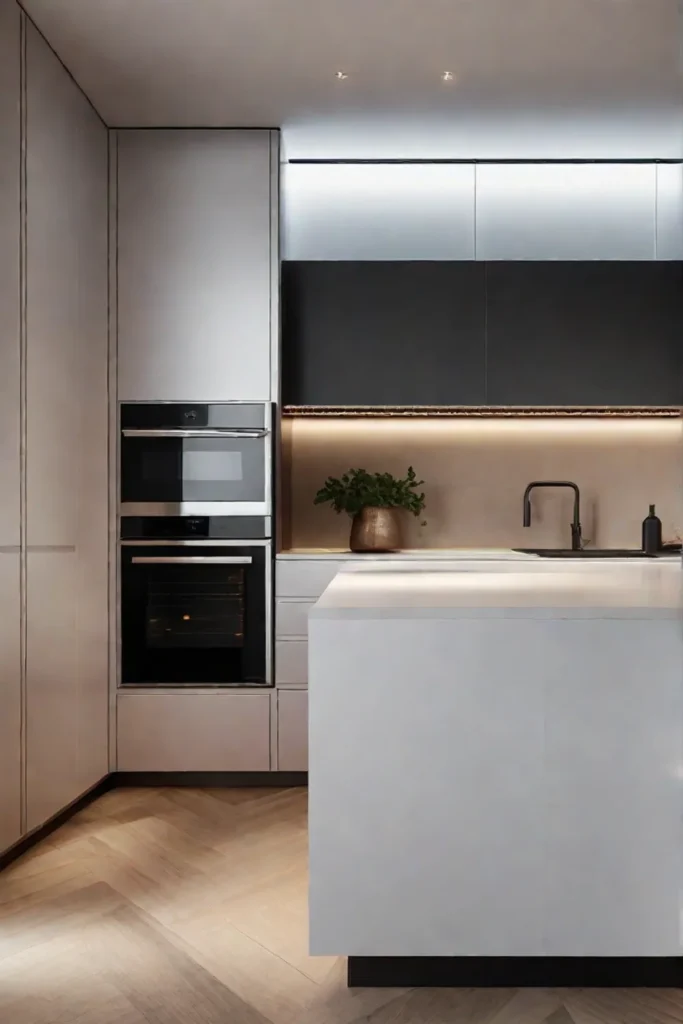 A minimalistic kitchen scene illuminated by sleek undercabinet LED lighting that casts