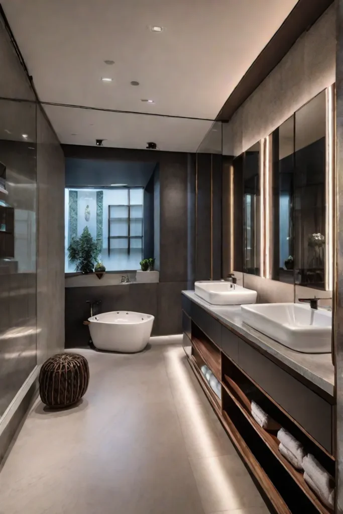 A modern bathroom with strategically placed LED lighting fixtures around the mirror