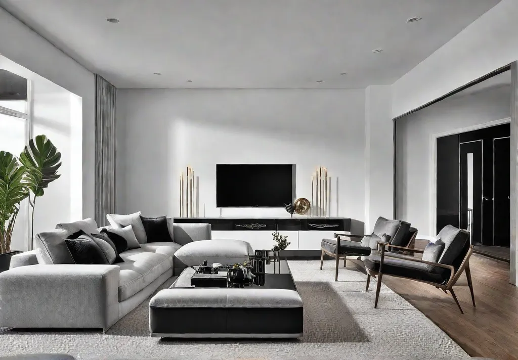 A modern living room with a monochrome color scheme featuring sleek furniturefeat