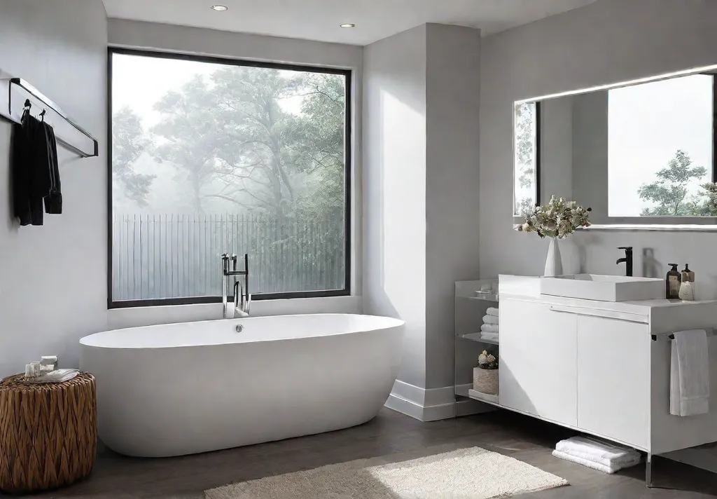 A modern minimalist bathroom with clean lines neutral colors and simple fixturesfeat