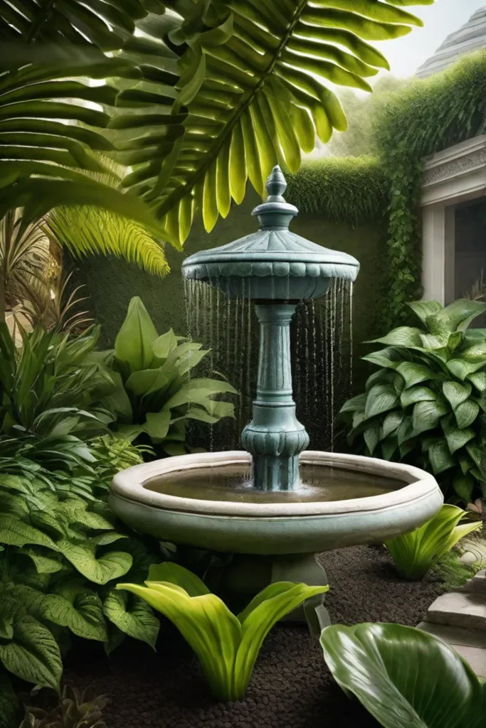 A peaceful garden corner with a small bubbling fountain surrounded by moistureloving_resized