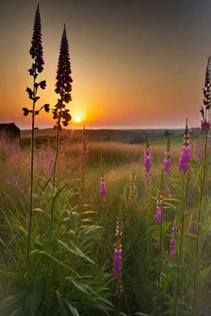 A peaceful twilight scene capturing the silhouettes of tall grasses and foxgloves_resized