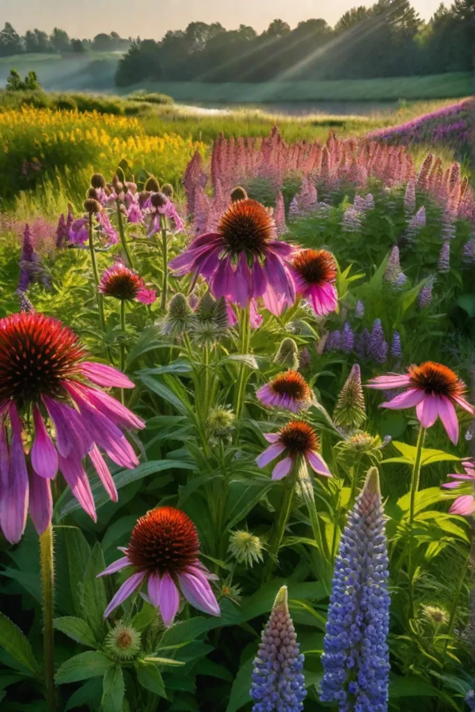 A perennial border in full bloom showcasing a tapestry of echinacea lupines_resized