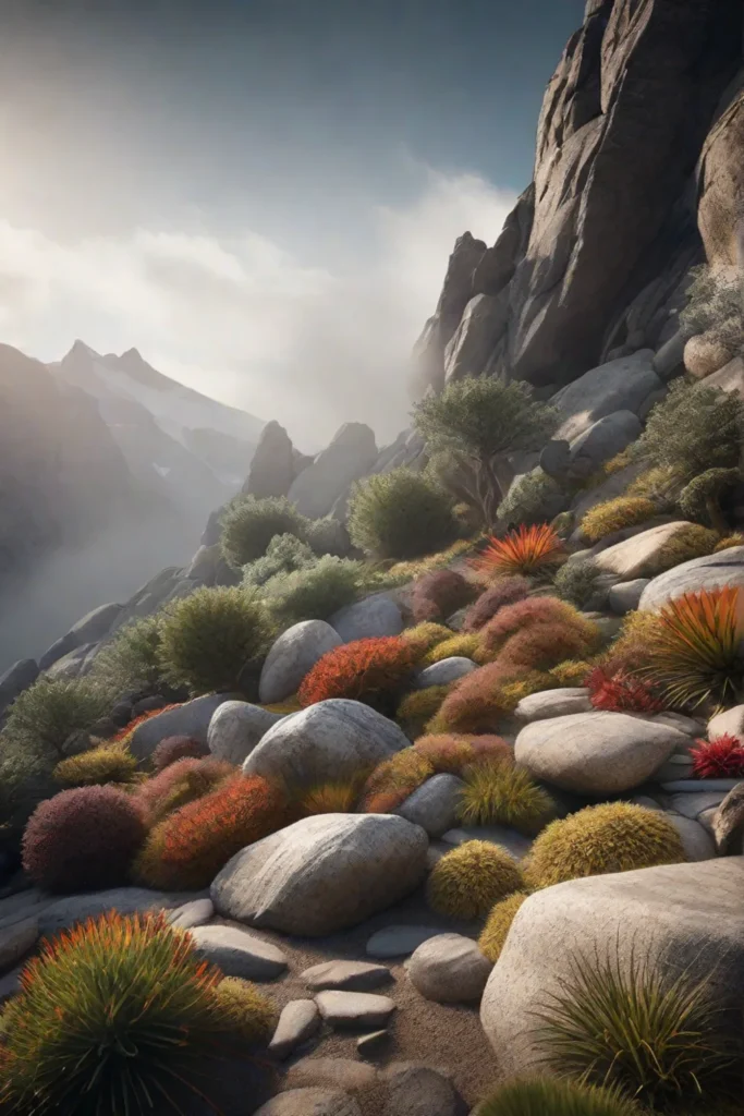 A rugged rock garden simulating a mountainous terrain with alpine plants nestled_resized