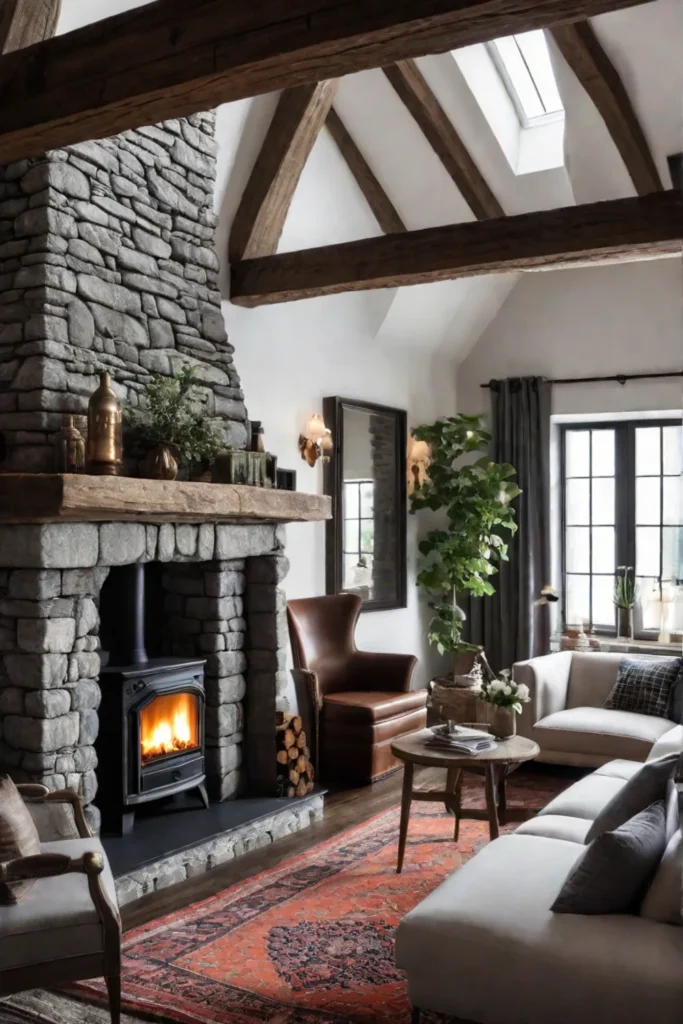 A rustic Scandinavianstyle living room with exposed wooden beams a stone fireplace