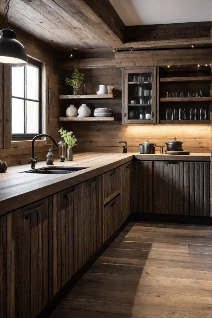 A rustic kitchen featuring cabinets made from reclaimed or repurposed materials showcasing