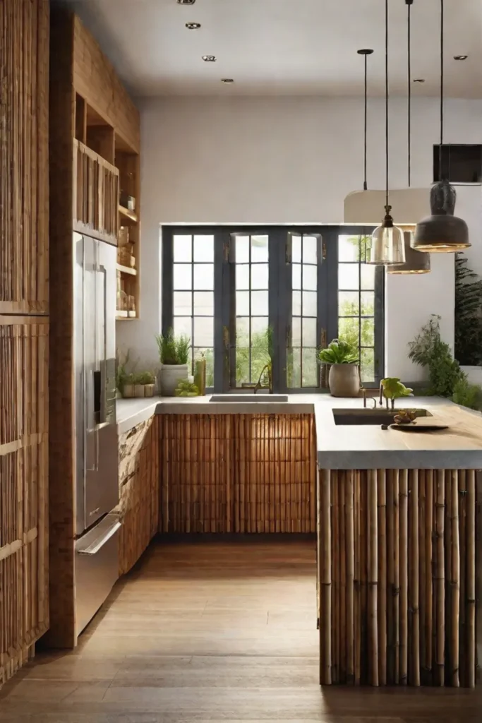 A rustic kitchen highlighting bamboo cabinetry and countertops made from recycled glass