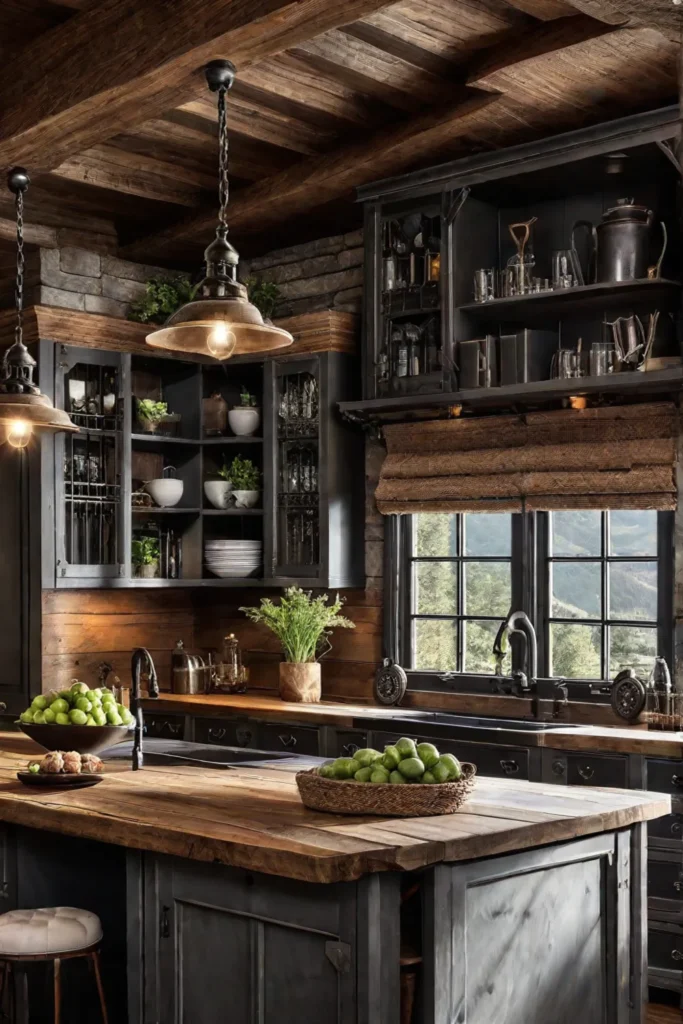 A rustic kitchen with a blend of reclaimed wood cabinetry and iron