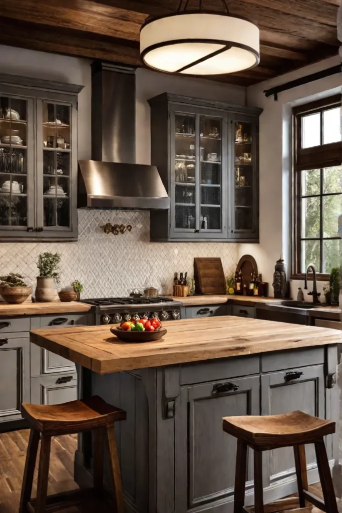 A rustic kitchen with a mix of pendant lights sconces and other