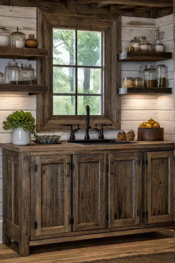 A rustic kitchen with barnwood cabinets featuring glassfront doors creating a visually