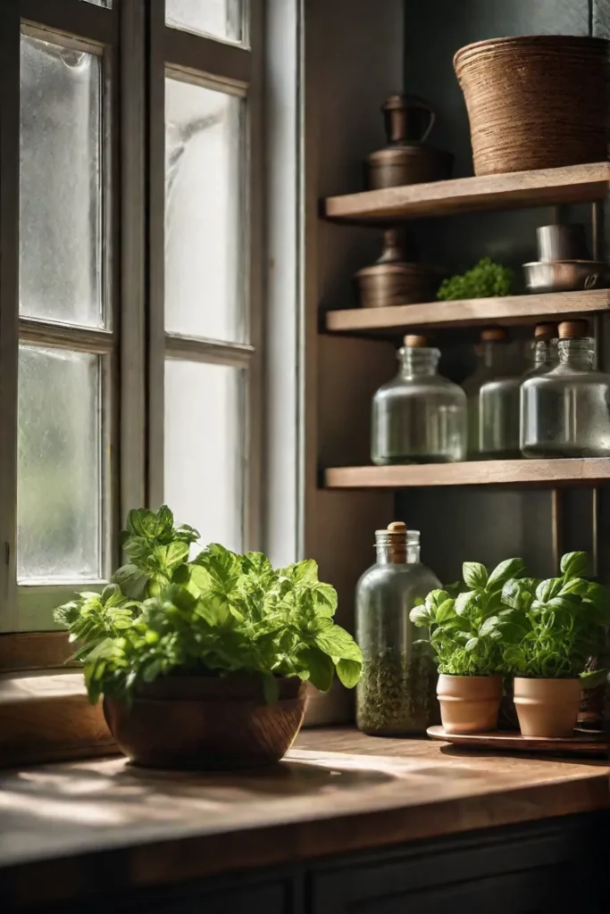 A rustic wooden open shelf adorned with small potted herbs like basil