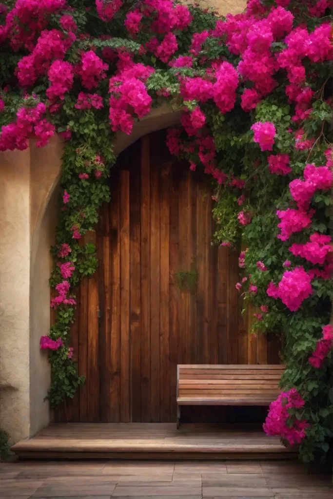 A rustic wooden wall densely adorned with cascading bougainvillea and ivy creating_resized